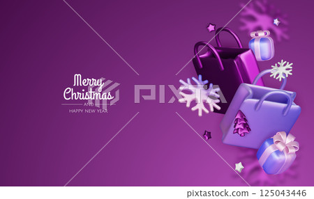 Christmas and New Year Sale. Bright realistic 3d holiday object design, shopping bag, gift box. Promo sale, advertising banner, web poster. vector illustration Christmas and New Year Sale. Bright realistic 3d holiday object design, shopping bag, gift box. Promo sale, advertising banner, web poster. vector illustration 125043446