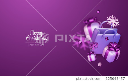 Happy New Year and Merry Christmas. Christmas holiday background with realistic 3d objects, bauble balls, conical metal stars. Levitation falling design composition. 125043457