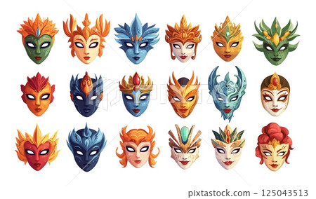 Cartoon Italian carnival masks. Traditional middle ages masquerades venetian face coverings , anonymity festival party or holiday costume accessories, isolated vector illustrations Cartoon Italian carnival masks. Traditional middle ages masquerades venetian face coverings , anonymity festival party or holiday costume accessories, isolated vector illustrations 125043513