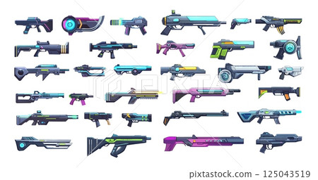 Cartoon futuristic weapon. Handguns blasters pistols rifles submachine rail guns sniper bullet laser assault ammunition firearms for warfare, arcade game assets isolated vector illustrations Cartoon futuristic weapon. Handguns blasters pistols rifles submachine rail guns sniper bullet laser assault ammunition firearms for warfare, arcade game assets isolated vector illustrations 125043519