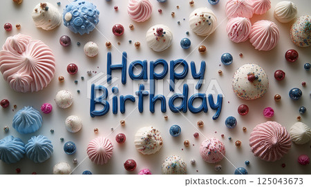 A sleek and elegant "Happy Birthday" message rendered in solid dark red text against a luxurious gold-white background. Generative AI 125043673