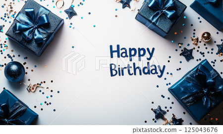 A sleek and elegant "Happy Birthday" message rendered in solid dark red text against a luxurious gold-white background. Generative AI 125043676