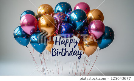 A sleek and elegant "Happy Birthday" message rendered in solid dark red text against a luxurious gold-white background. Generative AI 125043677