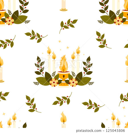 Religion Seamless Pattern. Sacred Flame. Church Chalice with Fire, burning Candles with Flowers on White Background with leaves. Vector Illustration. Catholics or Christians Religious Culture template 125043806