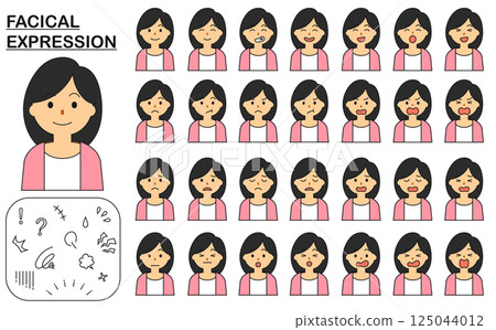 Set of black-haired woman's faces and expressions Set of black-haired woman's faces and expressions 125044012