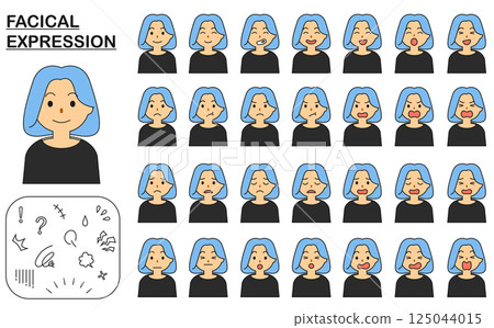 Set of blue-haired woman's faces and expressions Set of blue-haired woman's faces and expressions 125044015