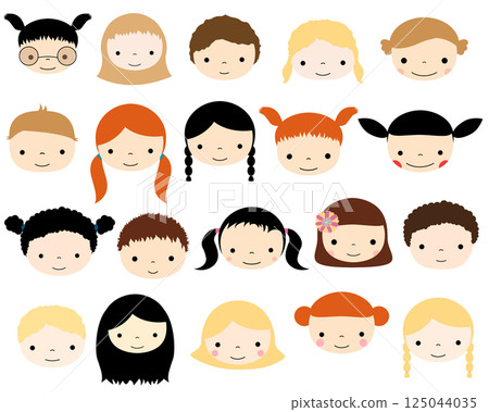 Cute vector kids faces - Caucasian boys and girls heads in flat style 125044035