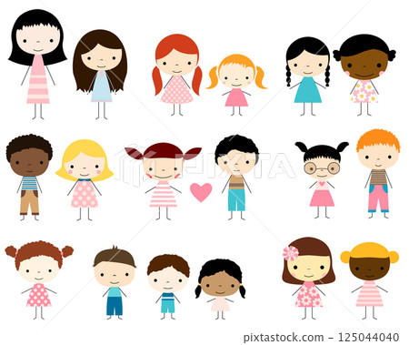 Cute group of stick figures kids - boys and girls 125044040