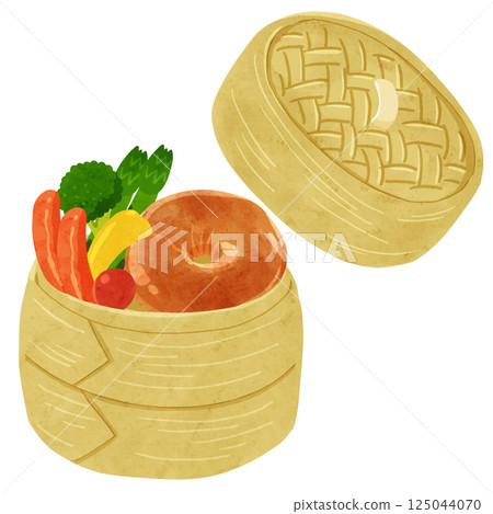 Bagels and vegetables in a bamboo steamer with a lid - watercolor hand-drawn illustration 125044070