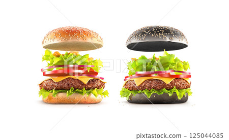 Beef hamburger with cheese and vegetables mockup ingredients, front view Beef hamburger with cheese and vegetables mockup ingredients, front view 125044085