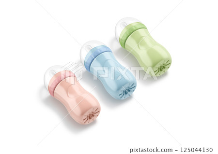 Blank colored plastic baby bottle mockup lying, side view Blank colored plastic baby bottle mockup lying, side view 125044130