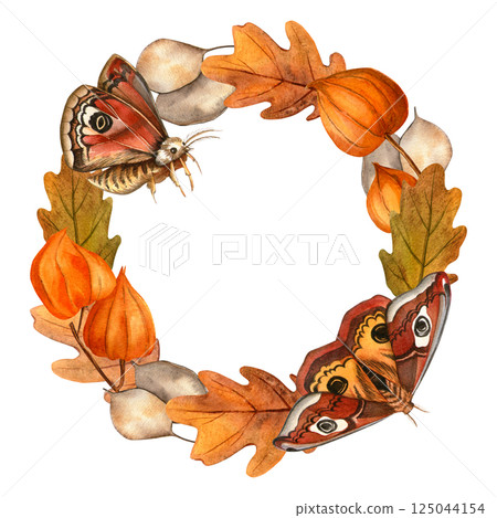 Butterflies and autumn leaves, physalis, lunaria wreath. Isolated watercolor circle frame with white background. Ideal for seasonal fall decor, cover, greeting card, invitation, garden decoration Butterflies and autumn leaves, physalis, lunaria wreath. Isolated watercolor circle frame with white background. Ideal for seasonal fall decor, cover, greeting card, invitation, garden decoration 125044154