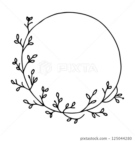 A minimalist botanical wreath composed of clean, hand-drawn lines and simple leafy branches arranged into a perfect circular shape. 125044280
