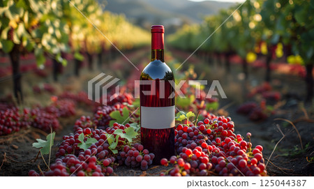 A red wine bottle in front of a landscape of grape farmland. 125044387