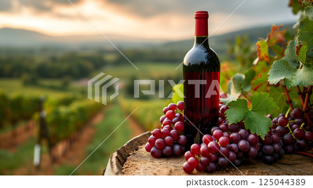 A red wine bottle in front of a landscape of grape farmland. 125044389