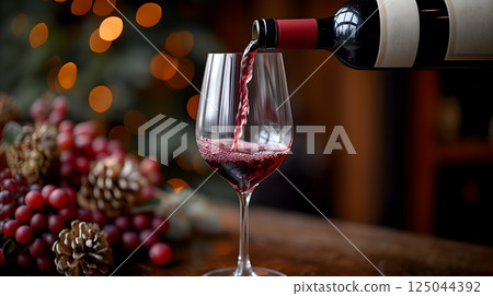 A wine bottle, with its elegant shape and deep red liquid inside, is being poured into a crystal glass, ready to be enjoyed during a romantic dinner. 125044392