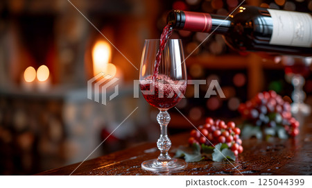 A wine bottle, with its elegant shape and deep red liquid inside, is being poured into a crystal glass, ready to be enjoyed during a romantic dinner. A wine bottle, with its elegant shape and deep red liquid inside, is being poured into a crystal glass, ready to be enjoyed during a romantic dinner. 125044399