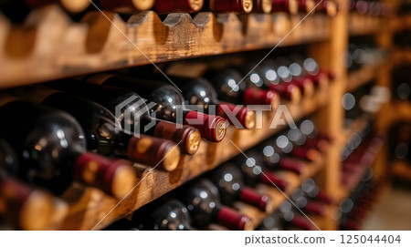 wine racks in a luxury cellar, closeup with selective focus 125044404