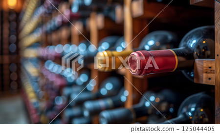 wine racks in a luxury cellar, closeup with selective focus 125044405