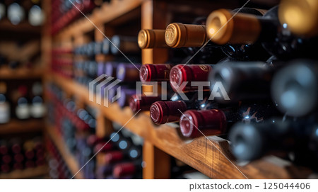 wine racks in a luxury cellar, closeup with selective focus 125044406