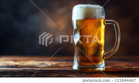 cold mug with beer, with overflowing froth, on wooden table and dark background with copy space, side view 125044407
