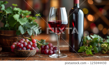 Glass with red wine and wine bottle on the right over a wooden table in the pub background with copy space. 125044430