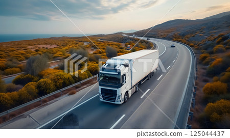 white European semitruck is seen from the sky on a highway backed by vegetation 125044437