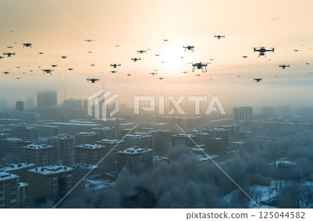 group of drones over city at summer morning 125044582