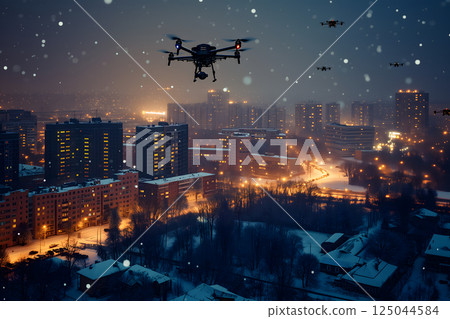 group of drones over city at snowy winter night 125044584