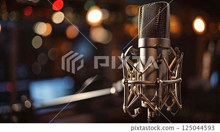 A condenser studio microphone with a shock mount in a music studio, representing the musical concept with asymmetrical composition and copy space 125044593