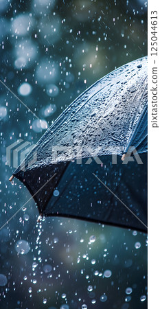 Close up, black umbrella under rainfall against a background of water droplets splashing. Concept of rainy weather. 125044613