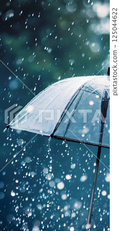 Close up, transparent umbrella under rainfall against a background of water droplets splashing. Concept of rainy weather. Close up, transparent umbrella under rainfall against a background of water droplets splashing. Concept of rainy weather. 125044622