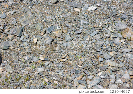 Pile of various gray and brown natural rocks and stones under bright sunlight 125044637