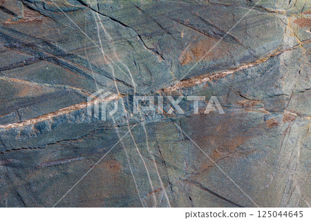 Dark metamorphic rock with light-colored veins, cross-cutting fractures, natural texture, outdoor, daylight 125044645
