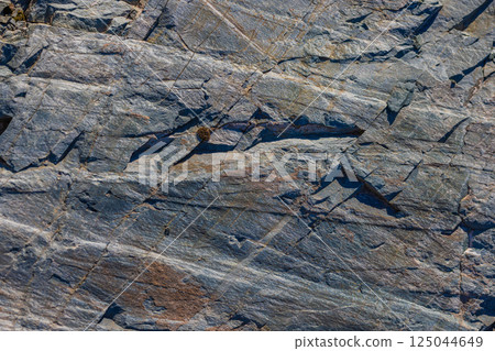 Gneiss rock texture with visible banding, fractured surface, natural pattern, outdoor, daylight 125044649