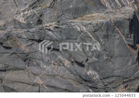 Close-up of a fractured, dark gray metamorphic rock face in natural light. Close-up of a fractured, dark gray metamorphic rock face in natural light. 125044655
