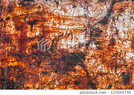 Scratched White Paint on Rusty Metal 125044736
