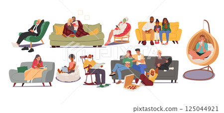 Happy people reading, relaxing, talking, watching movie, surfing on internet on sofa and chairs 125044921