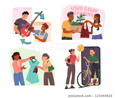 Diverse people buying and selling used items and second-hand staff online cartoon scene set 125044928