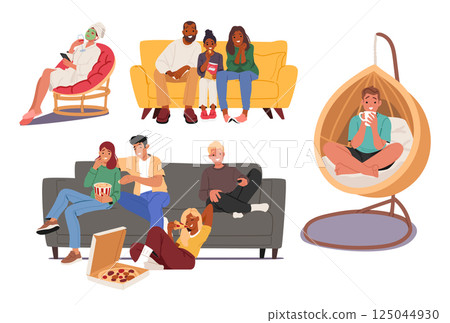 Happy family, friends group, preteen boy, fashion woman relaxing on sofa or couch isolated set Happy family, friends group, preteen boy, fashion woman relaxing on sofa or couch isolated set 125044930