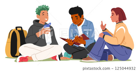 Group of teenage people cartoon characters sitting and talking, sharing news, having study break 125044932