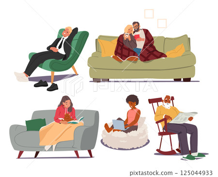 Business man and woman, loving couple, pensioner, teenager girl cartoon characters on sofa or couch 125044933