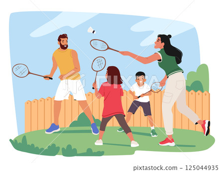 Happy parents and children playing badminton on backyard outdoors enjoying active time together 125044935