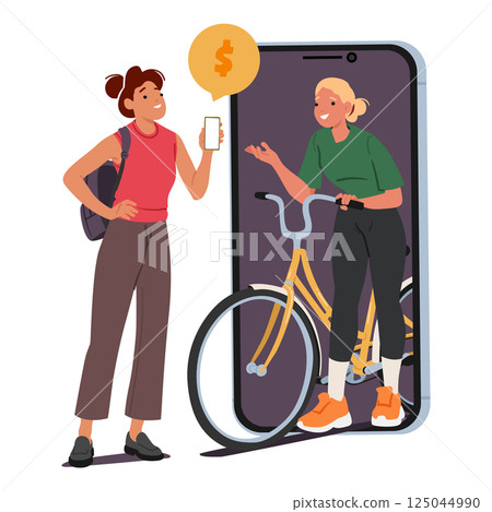 Young female client buying bicycle online, woman trading used stuff via mobile application scene Young female client buying bicycle online, woman trading used stuff via mobile application scene 125044990