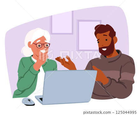 Social worker providing help for elderly woman to learn modern technology and to use internet Social worker providing help for elderly woman to learn modern technology and to use internet 125044995