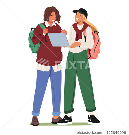 Happy students cartoon characters standing together and talking viewing information on laptop 125044996
