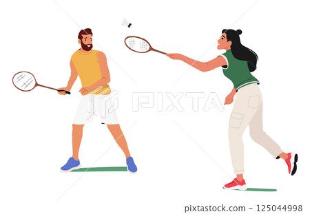 Happy loving man and woman couple cartoon characters playing badminton isolated on white background Happy loving man and woman couple cartoon characters playing badminton isolated on white background 125044998