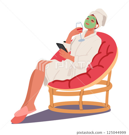 Satisfied relaxed woman applying organic cosmetics mask on face, drinking wine sitting on chair 125044999
