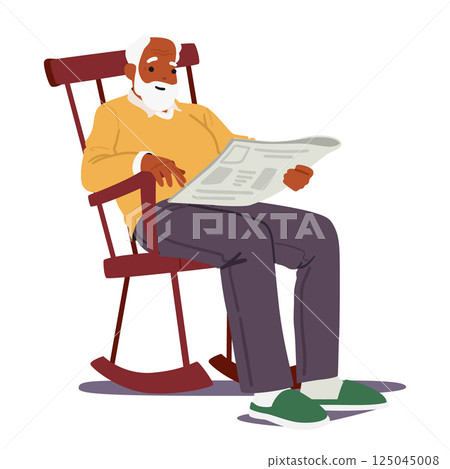 Relaxed senior man cartoon character reading newspaper sitting on rocking chair isolated on white 125045008