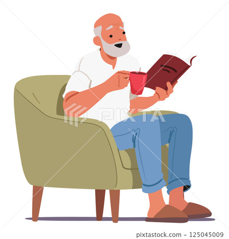 Senior man cartoon character drinking tea reading book while sitting on armchair isolated on white 125045009